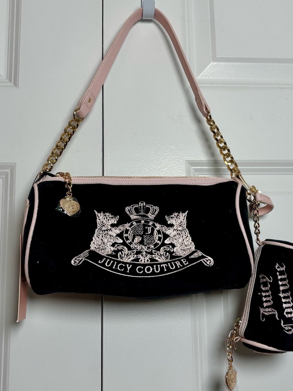 Juicy Couture Black Velour & Pale Pink Barrel Satchel Handbag